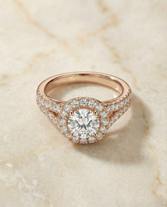 Billie Select Prong Halo Split Shank Cushion in 14K White Gold – view 1