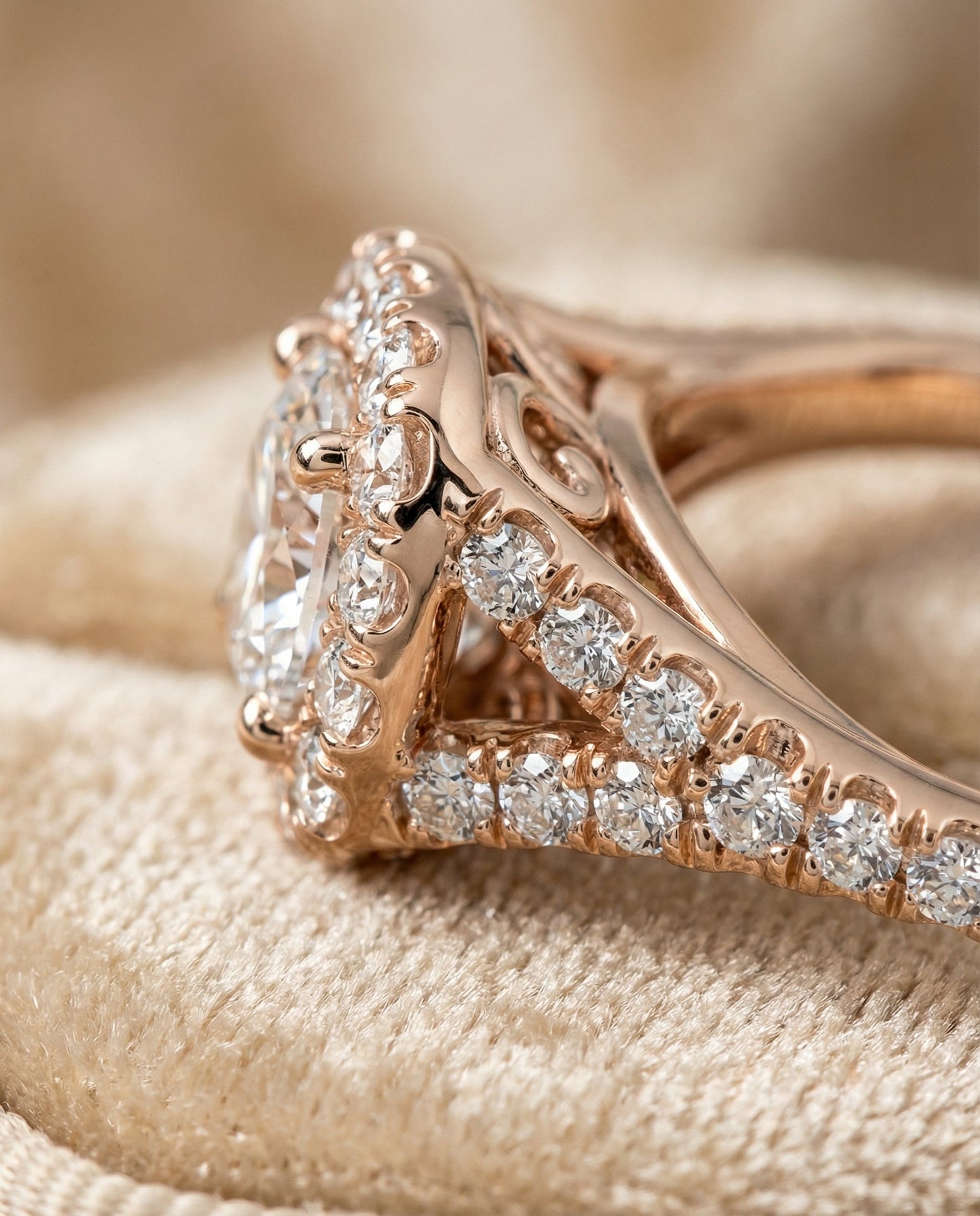 Prong Halo Split Shank Cushion, in 14K Rose Gold, pave setting – detail view | RockHer
