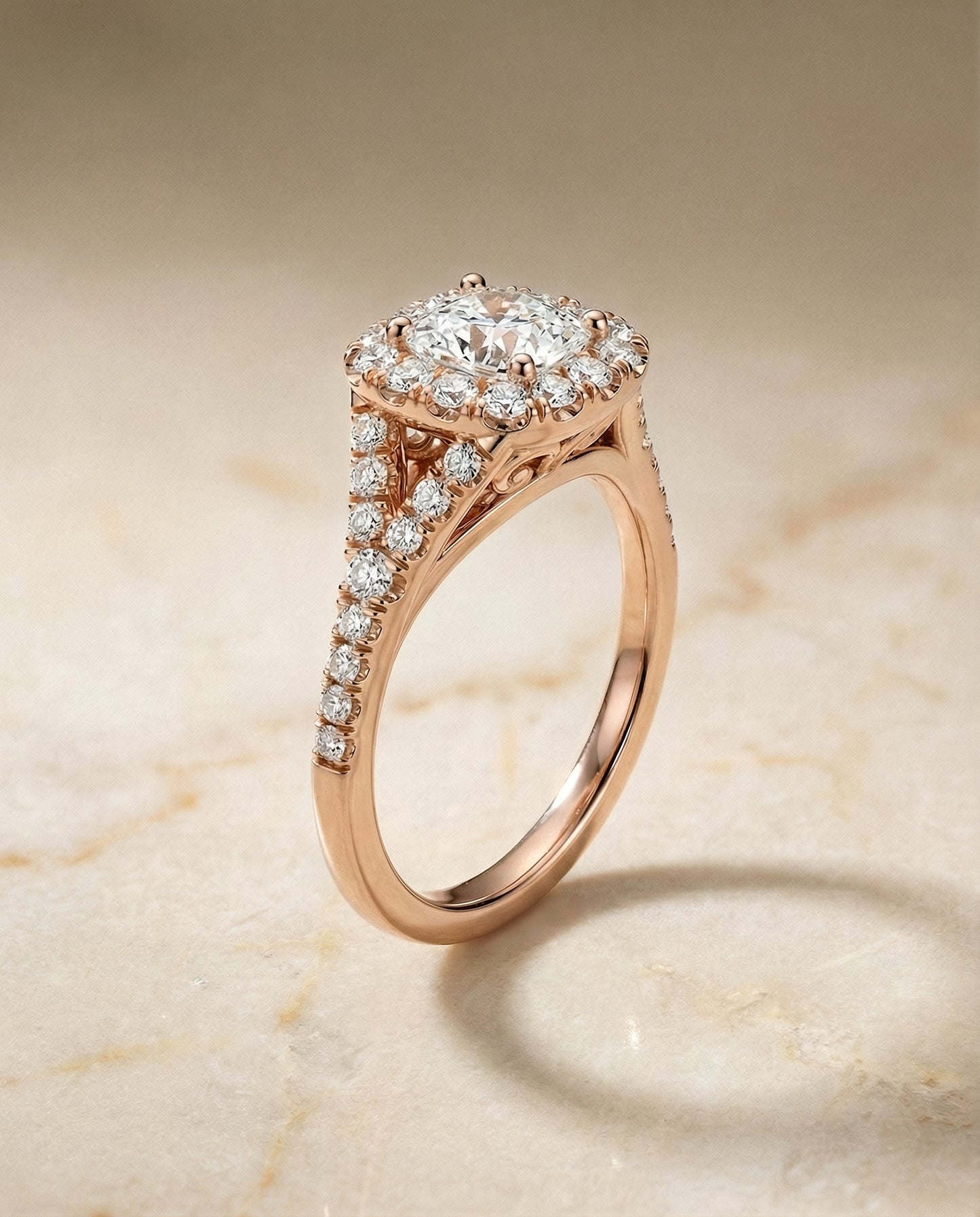 Prong Halo Split Shank Cushion, in 14K Rose Gold, pave setting – front view | RockHer