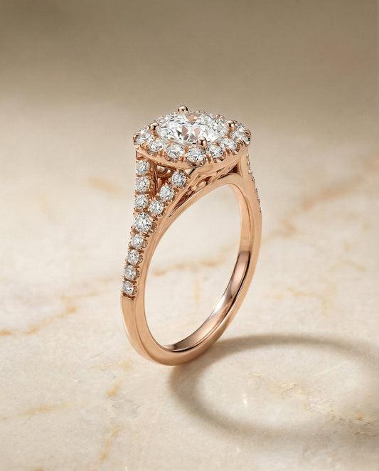 Prong Halo Split Shank Cushion Engagement Ring Setting in 14K Rose Gold