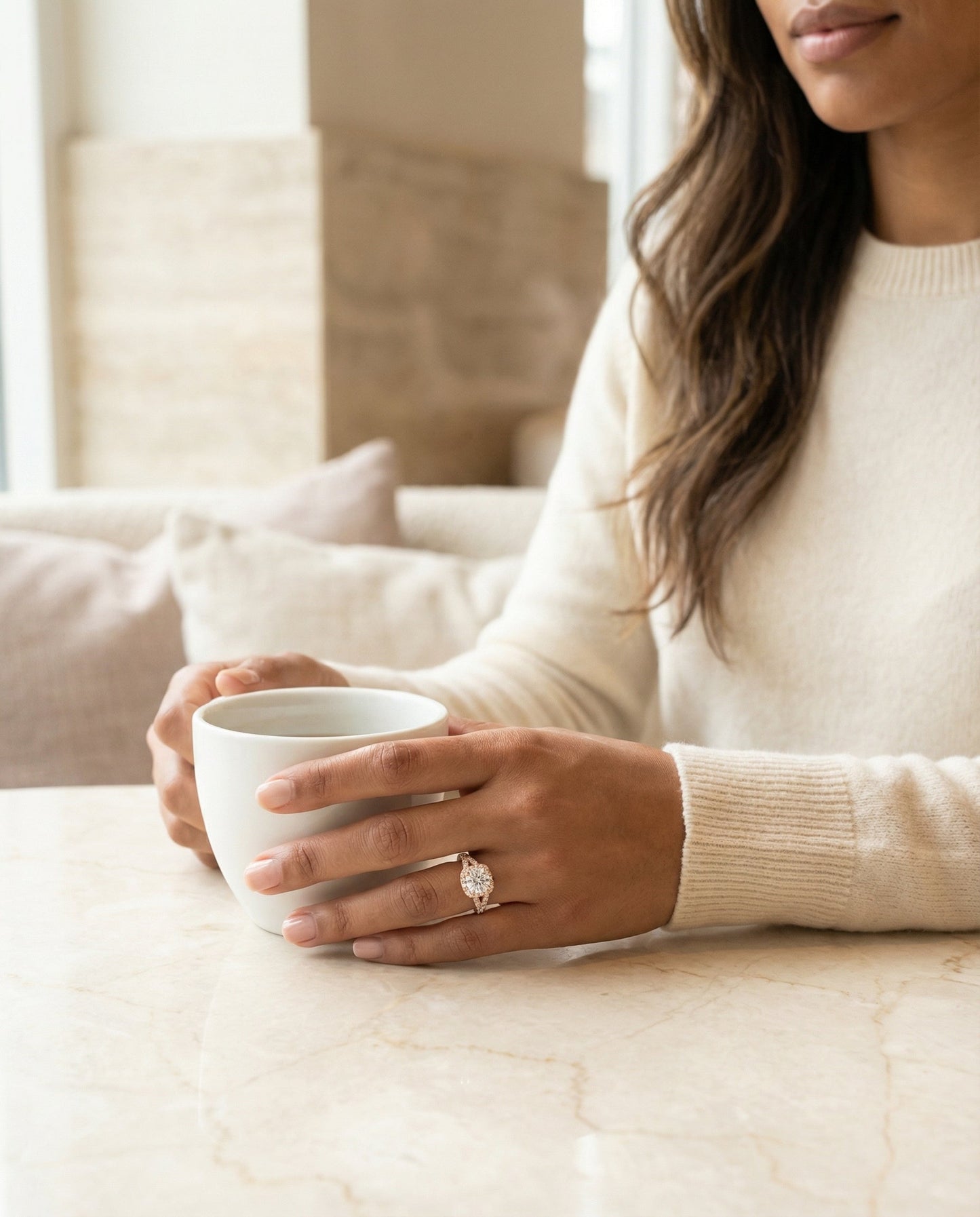 Prong Halo Split Shank Cushion, in 14K Rose Gold, pave setting – lifestyle shot | RockHer
