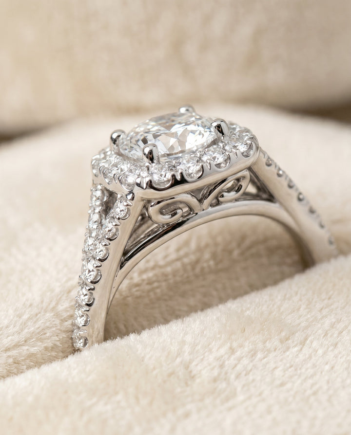 Prong Halo Split Shank Cushion, in Platinum, pave setting – detail view | RockHer