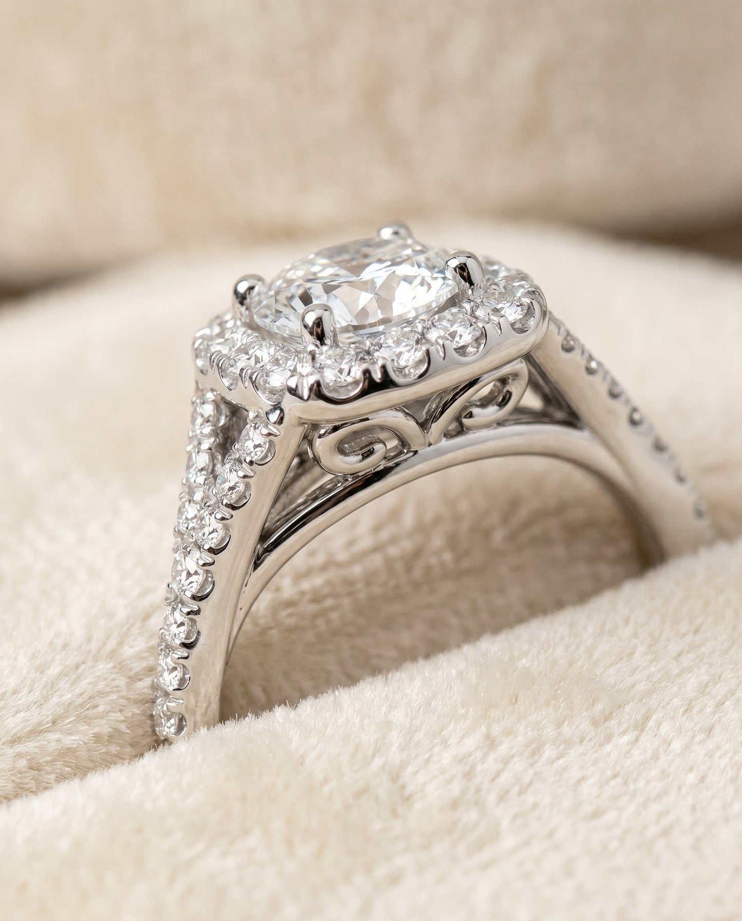 Prong Halo Split Shank Cushion, in Platinum, pave setting – detail view | RockHer