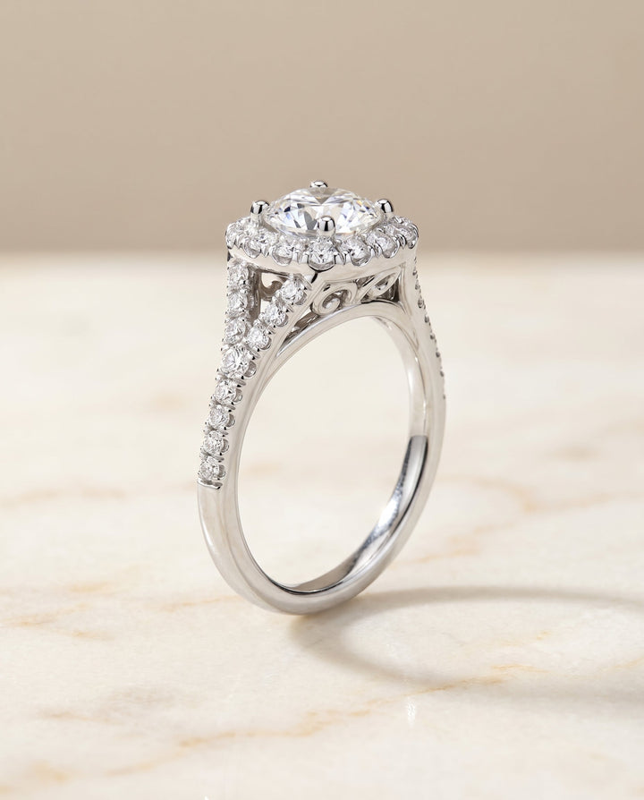 Prong Halo Split Shank Cushion, in Platinum, pave setting – front view | RockHer