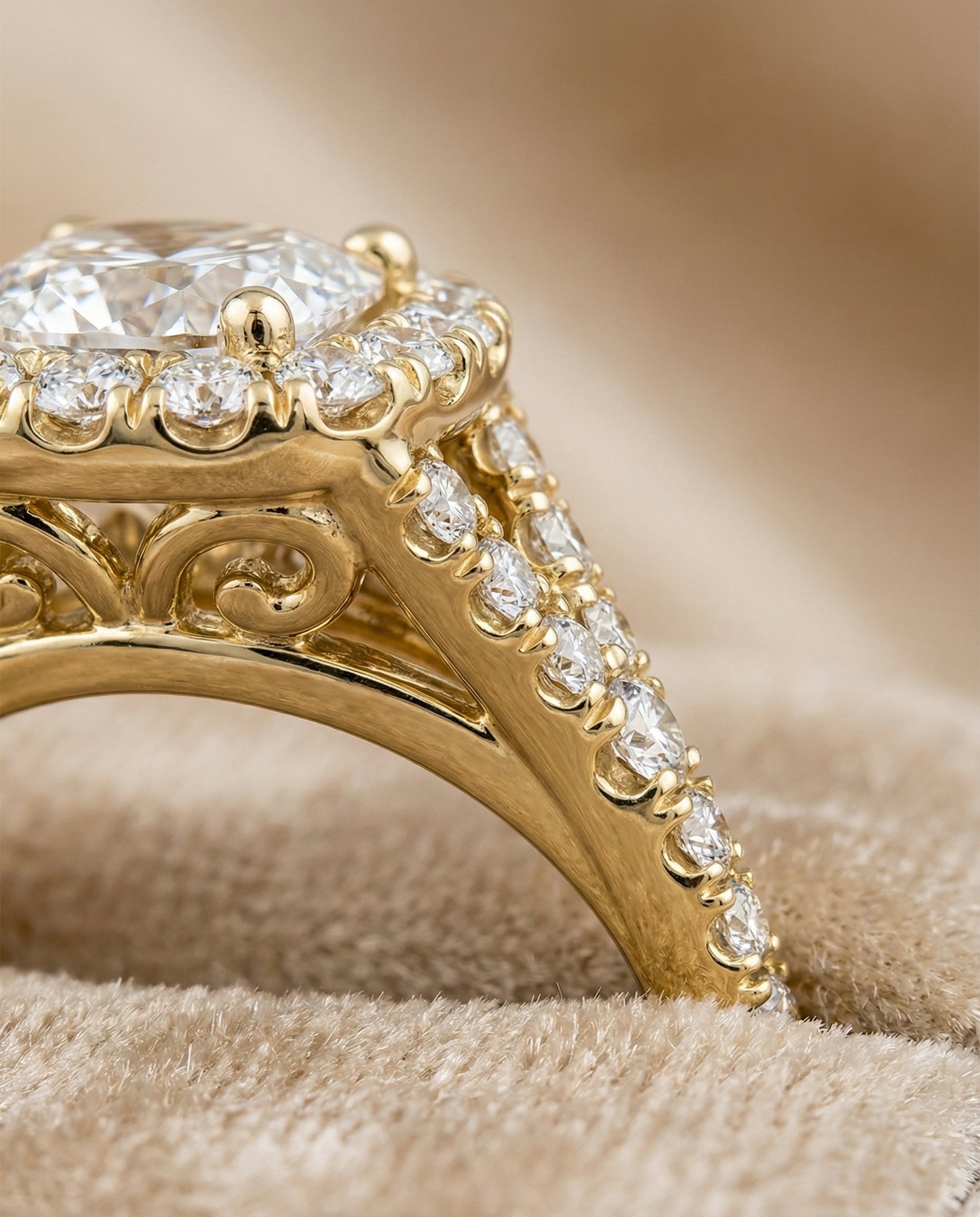 Prong Halo Split Shank Cushion, in 18K Yellow Gold, pave setting – detail view | RockHer