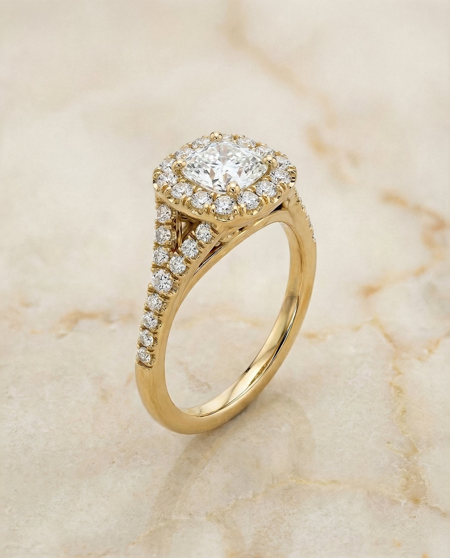 Prong Halo Split Shank Cushion, in 18K Yellow Gold, pave setting – front view | RockHer
