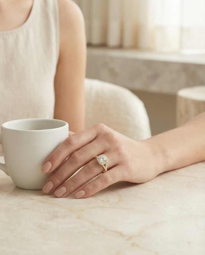 Prong Halo Split Shank Cushion, in 18K Yellow Gold, pave setting – lifestyle shot | RockHer