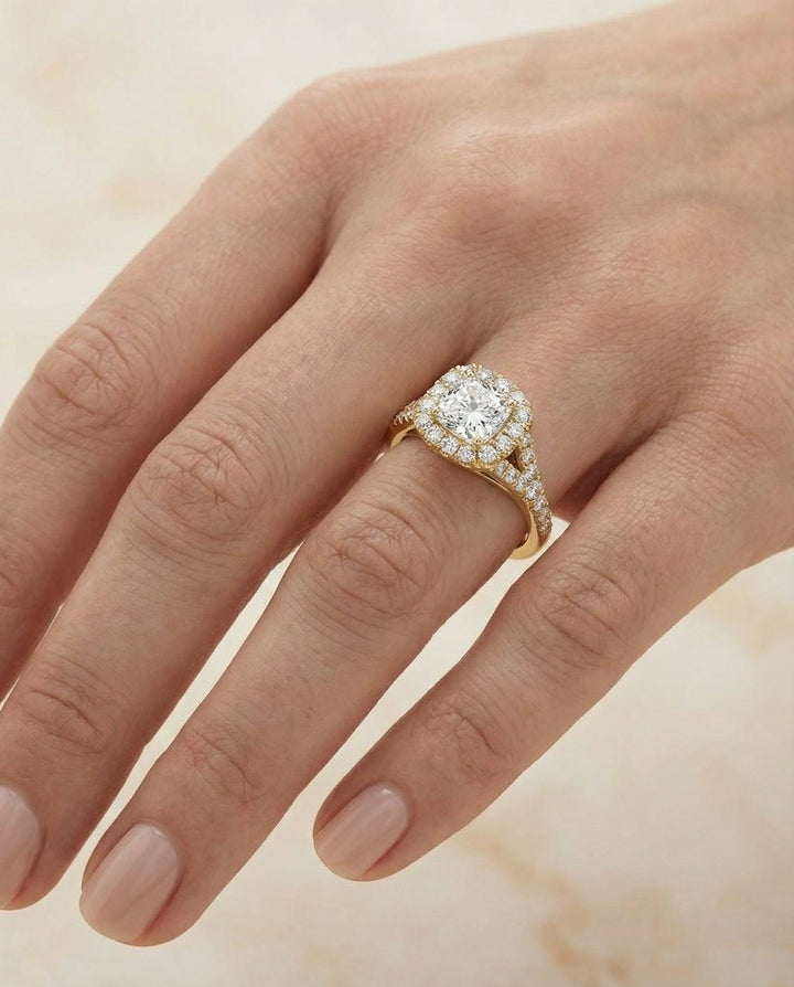Prong Halo Split Shank Cushion, in 18K Yellow Gold, pave setting – lifestyle shot | RockHer
