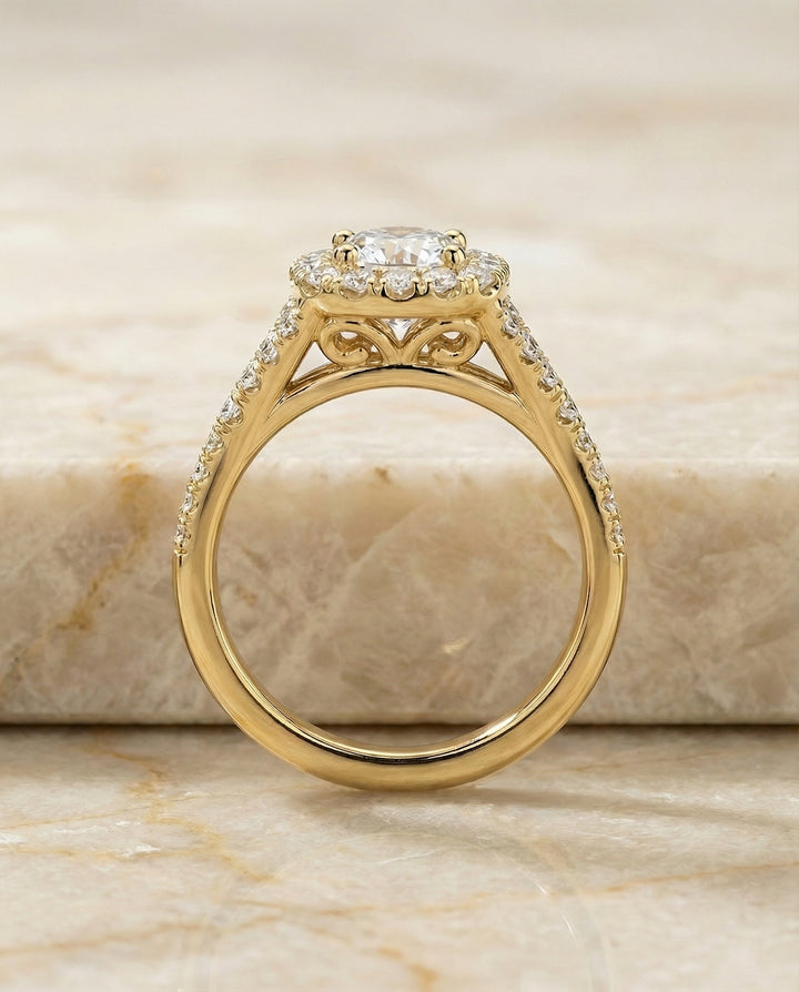 Prong Halo Split Shank Cushion, in 18K Yellow Gold, pave setting – side profile | RockHer