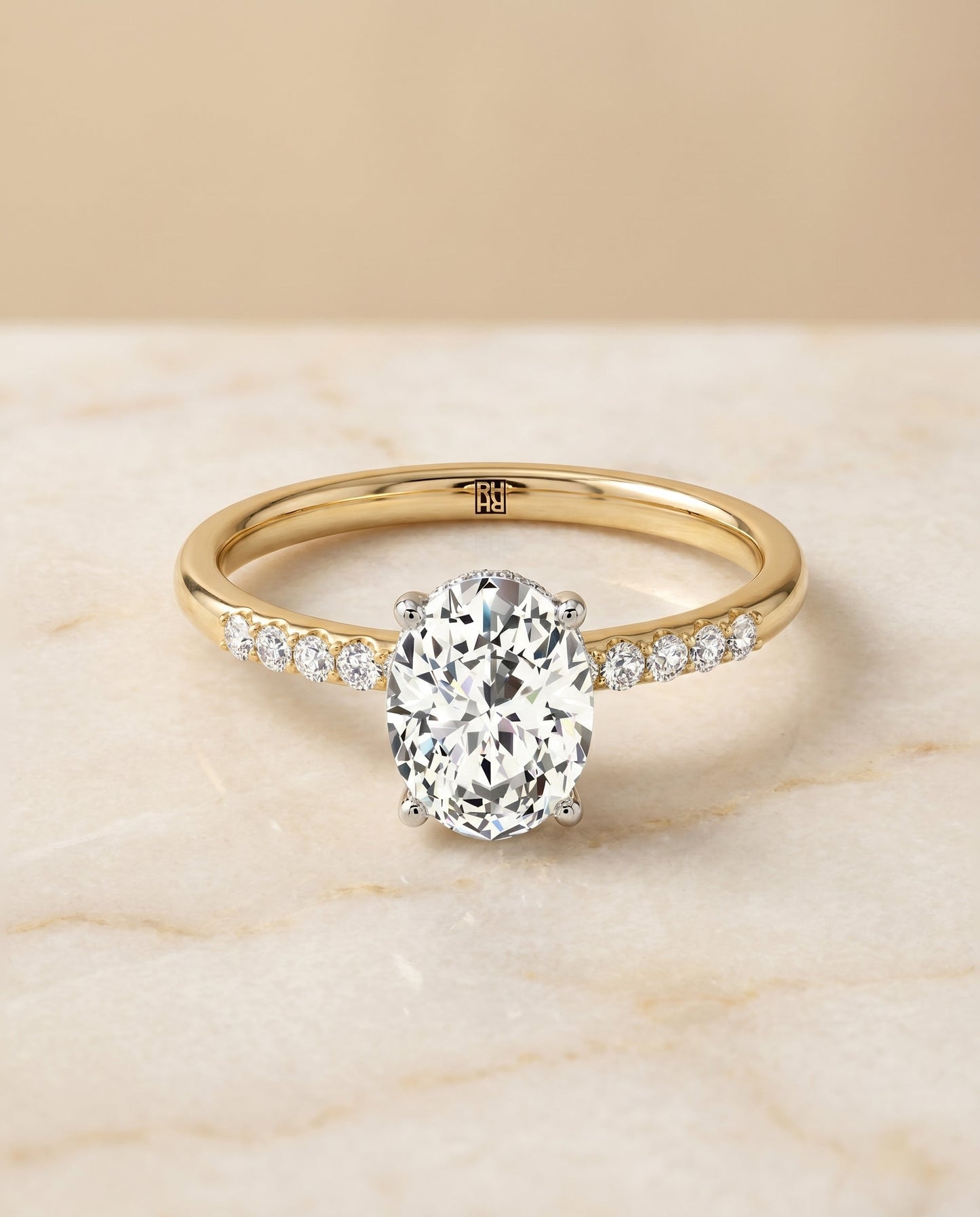 The Cherie Hidden Halo Solitaire Engagement Ring Setting for Oval Diamonds in 18K Yellow Gold | RockHer