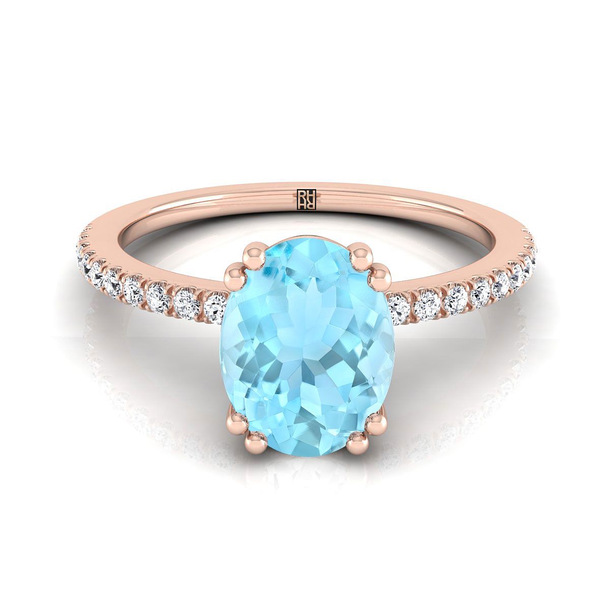 แหวนหมั้นเพชรแบบหนีบคู่ฝรั่งเศสเรียบง่ายรูปไข่อะความารีนทองกุหลาบ 14K