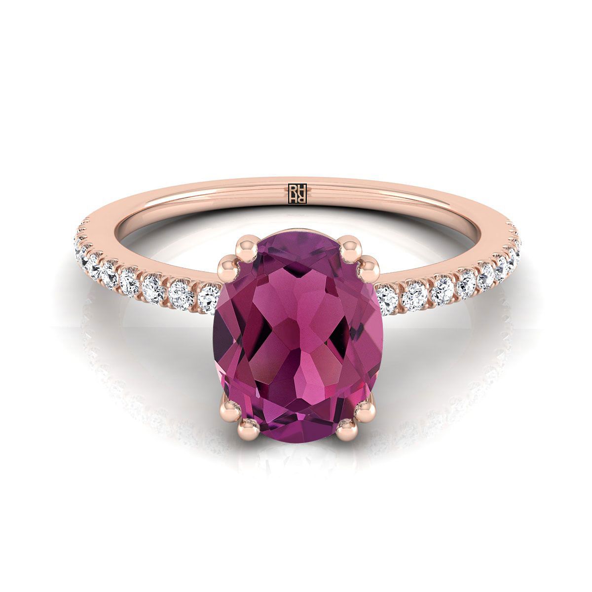 แหวนหมั้นเพชรแบบหนีบคู่ฝรั่งเศสเรียบง่ายรูปไข่ประดับการ์เนตทองกุหลาบ 14K - 1/6ctw