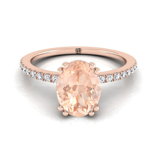 แหวนหมั้นเพชรแบบหนีบคู่กรงเล็บรูปไข่ Morganite สีโรสโกลด์ 14K สไตล์ฝรั่งเศสเรียบง่าย ประดับเพชรแบบปาเว่