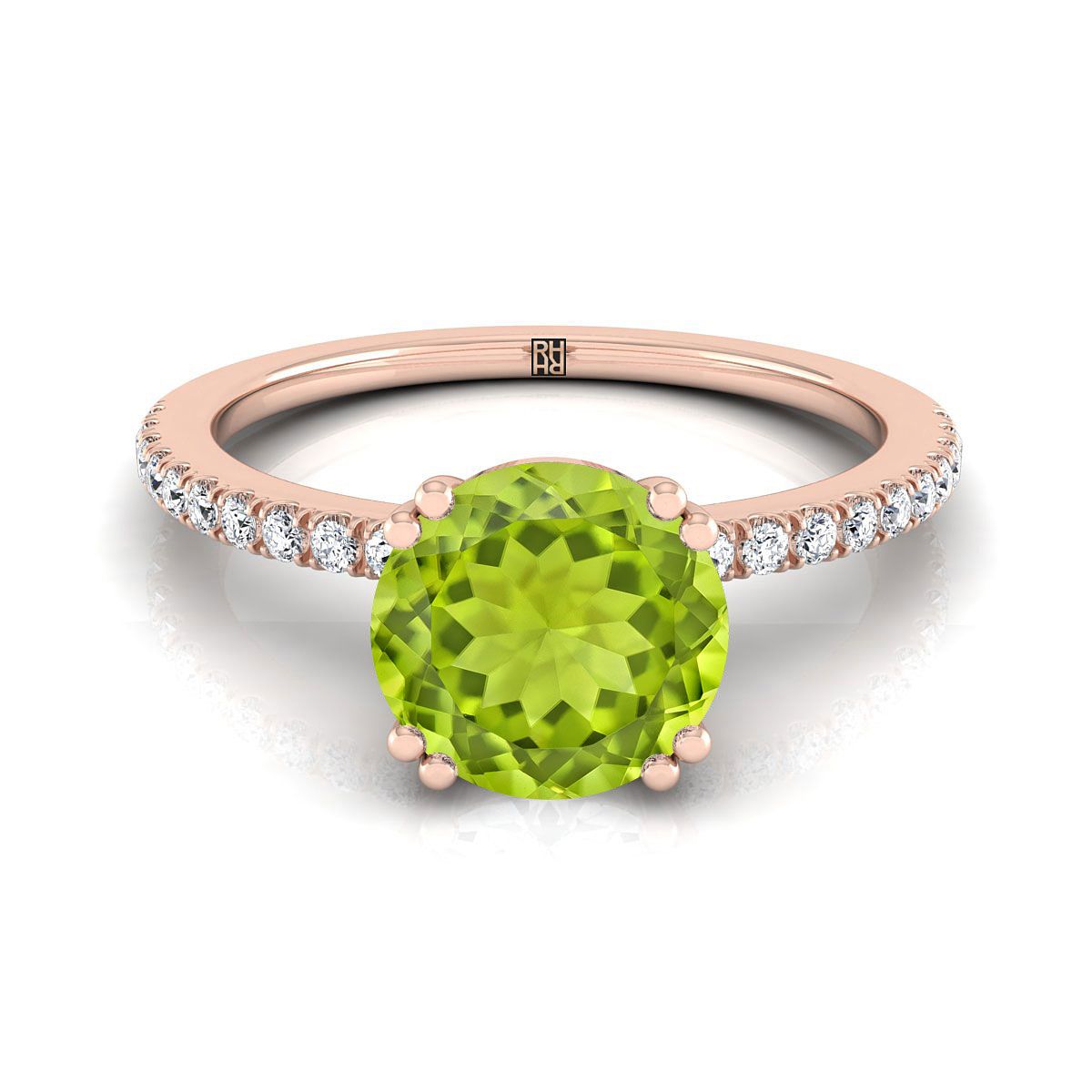 14K Rose Gold Round Brilliant Peridot Simple French Pave Double Claw Prong Diamond Engagement Ring -1/6ctw