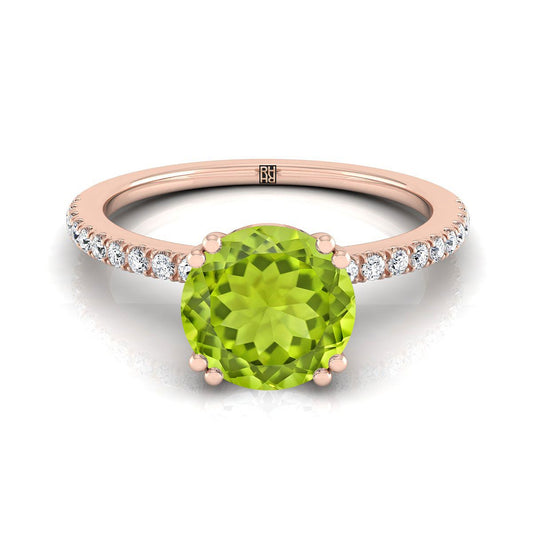 14K Rose Gold Round Brilliant Peridot Simple French Pave Double Claw Prong Diamond Engagement Ring -1/6ctw
