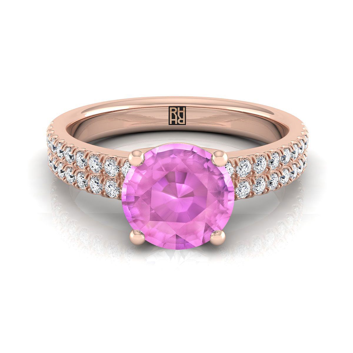 แหวนหมั้นแถวเพชรคู่ประดับแซฟไฟร์สีชมพูทรงกลมเจียระไนแบบ Brilliant ทองกุหลาบ 14K - 1/4ctw