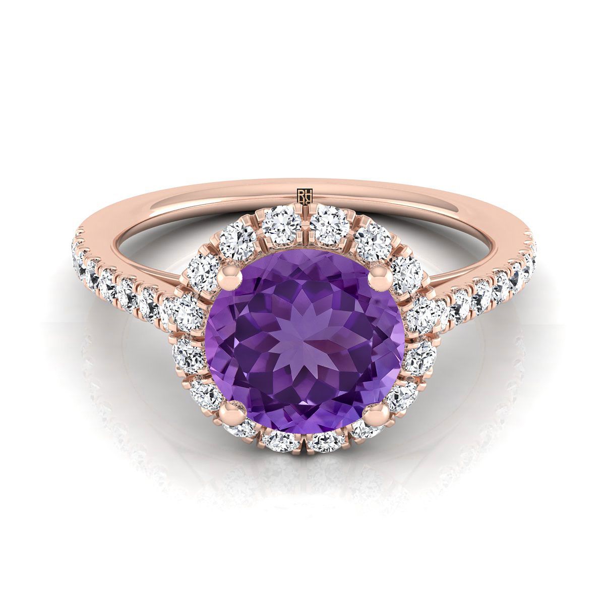 แหวนหมั้นเพชรฝรั่งเศสแบบปาเว่รูปวงกลมประดับอเมทิสต์ทรงกลมเจียระไนแบบบริลเลียนต์ขนาดเล็กทองกุหลาบ 14K น้ำหนักรวม 3/8 กะรัต