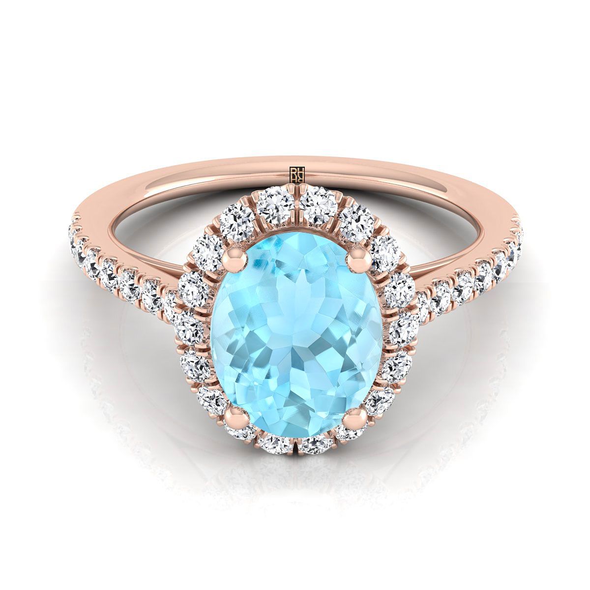 แหวนหมั้นเพชรฝรั่งเศสแบบปาเว่รูปวงรีอะความารีนขนาดเล็ก 14K ทองกุหลาบ