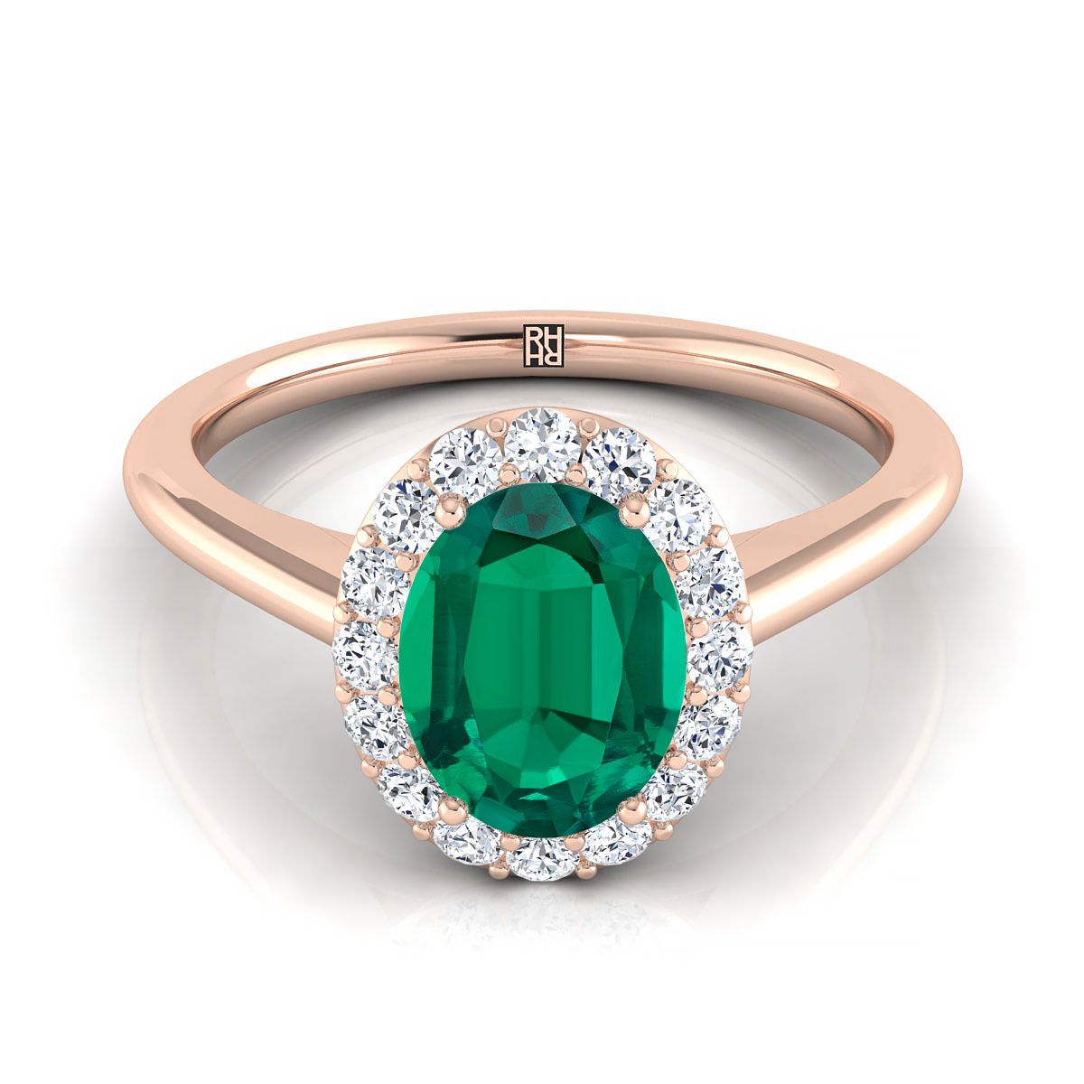 14K Rose Gold Oval Emerald Shared Prong Diamond Halo Engagement Ring -1/5ctw