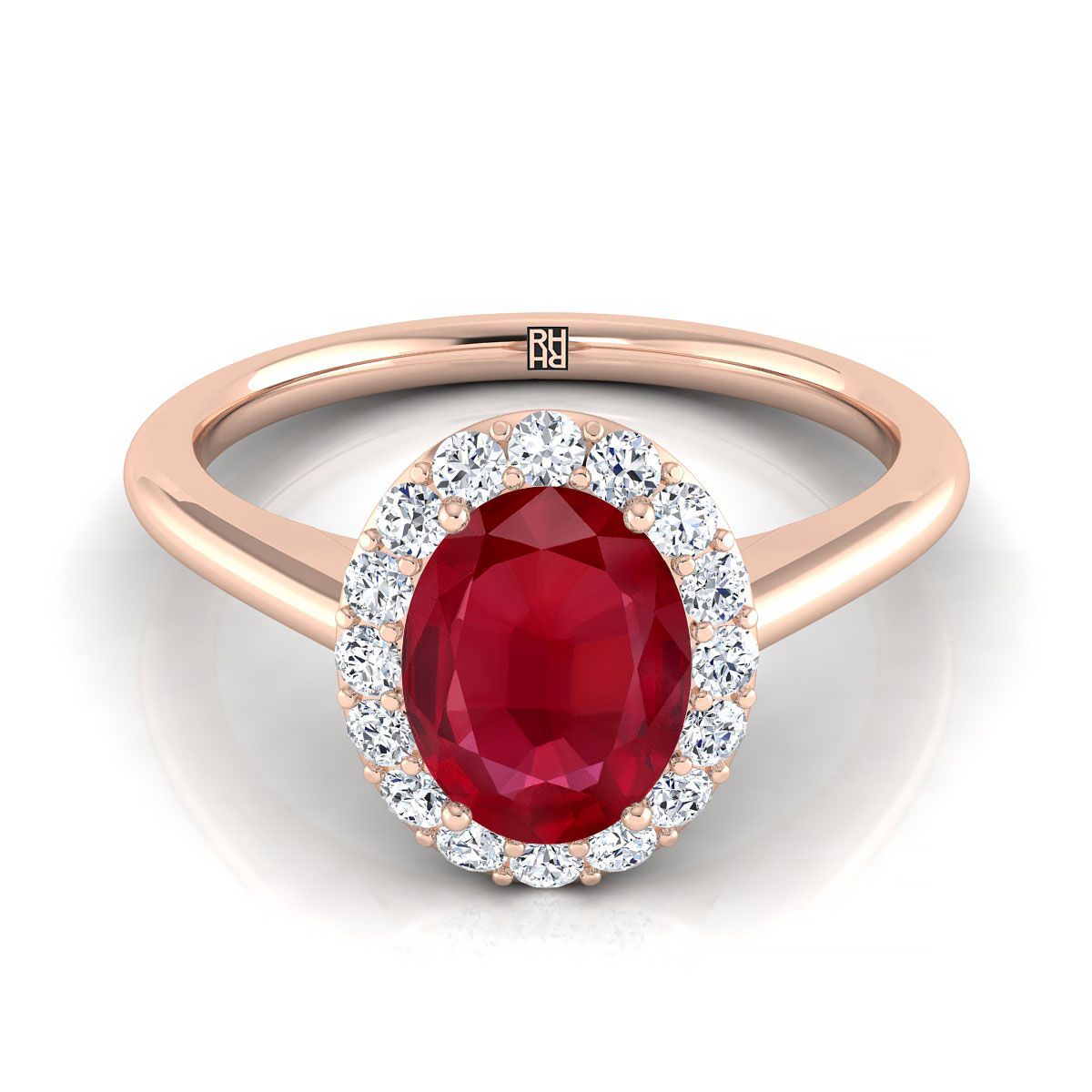 14K Rose Gold Oval Ruby Shared Prong Diamond Halo Engagement Ring -1/5ctw