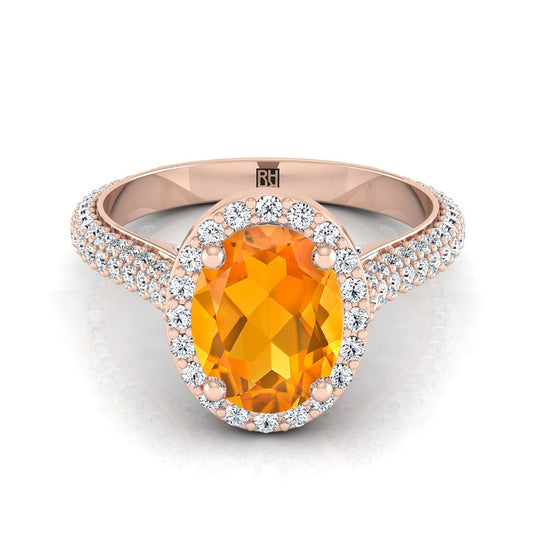 แหวนหมั้นเพชรข้างแบบไมโครปาเว่ทรงวงรีซิทรินทองกุหลาบ 14K น้ำหนักรวม 7/8 กะรัต