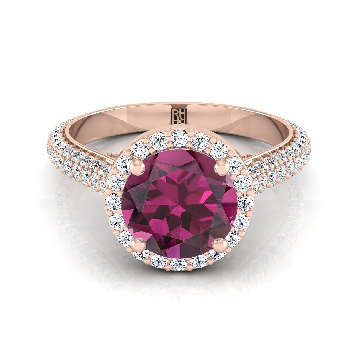 14K Rose Gold Round Brilliant Garnet Micro-Pavé Halo With Pave Side Diamond Engagement Ring -7/8ctw