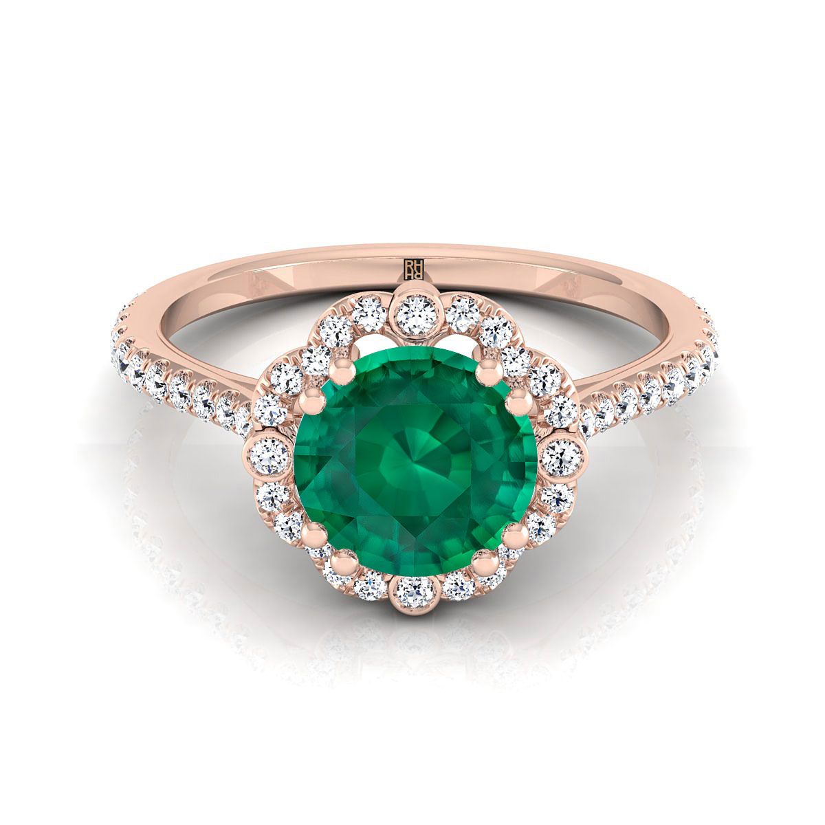 14K Rose Gold Round Brilliant Emerald Ornate Diamond Halo Vintage Inspired Engagement Ring -1/4ctw