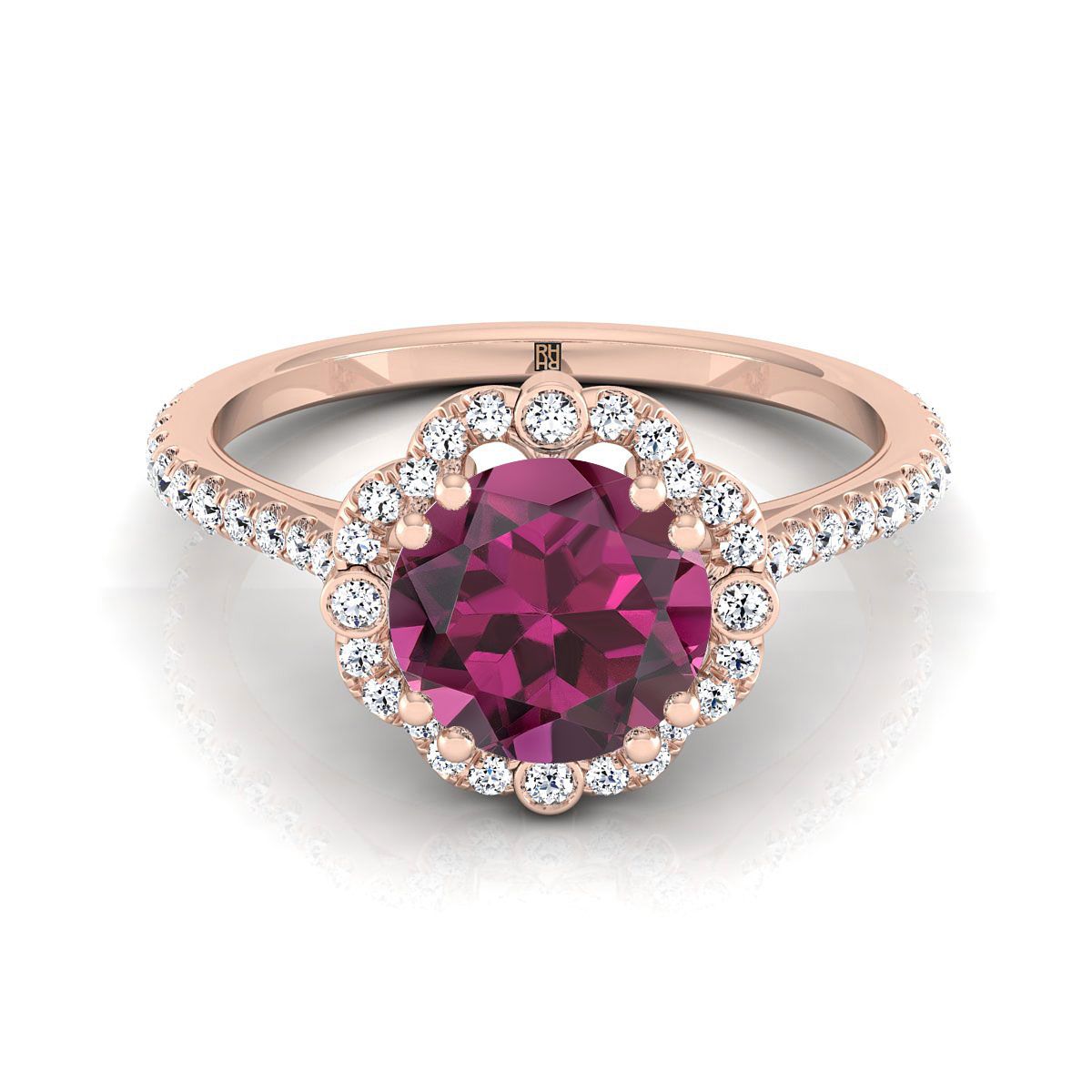 14K Rose Gold Round Brilliant Garnet Ornate Diamond Halo Vintage Inspired Engagement Ring -1/4ctw