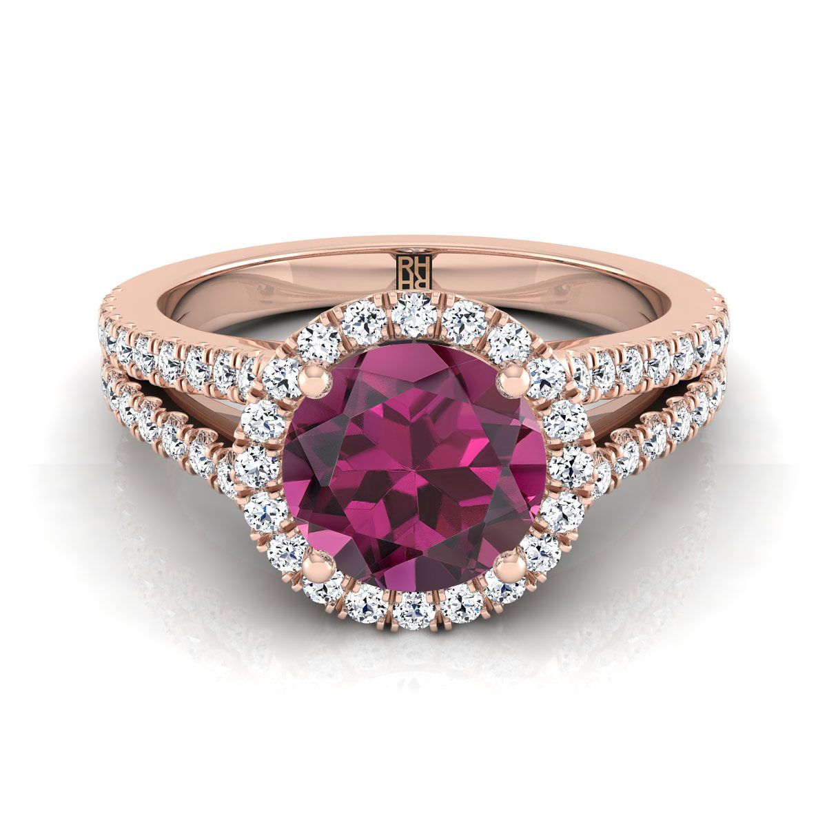 14K Rose Gold Round Brilliant Garnet Halo Center with French Pave Split Shank Engagement Ring -3/8ctw