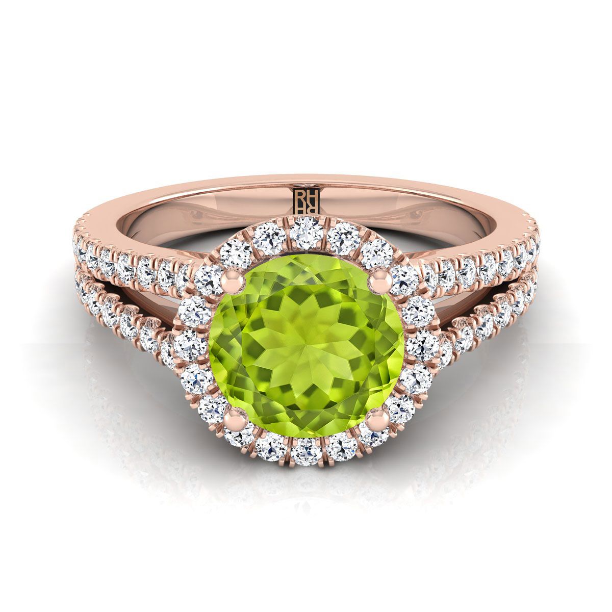 แหวนหมั้นทองคำชมพู 14K ประดับเพอริดอตทรงกลมเจียระไนแบบบริลเลียนต์ล้อมด้วยเพชรแบบฝรั่งเศสที่ตัวเรือนแยกชิ้น - 3/8 กะรัตรวม