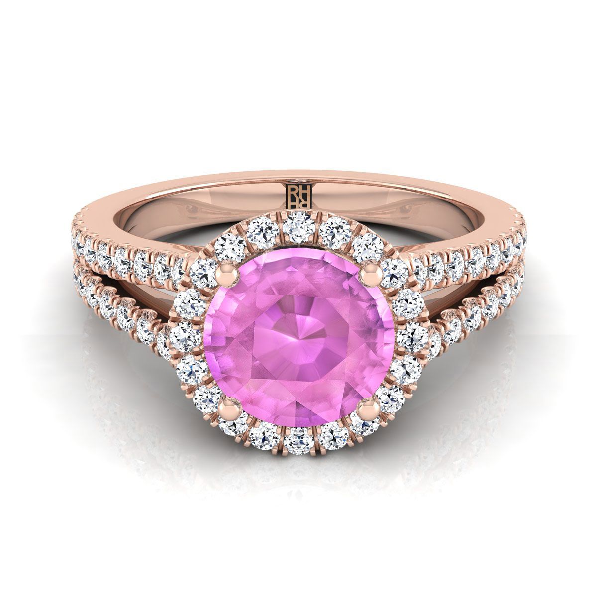 แหวนหมั้นทองคำชมพู 14K รูปทรงกลม ประดับด้วยไพลินสีชมพูแบบฮาโล พร้อมแถวเพชรฝรั่งเศสแบบแยกชิ้น - 3/8ctw