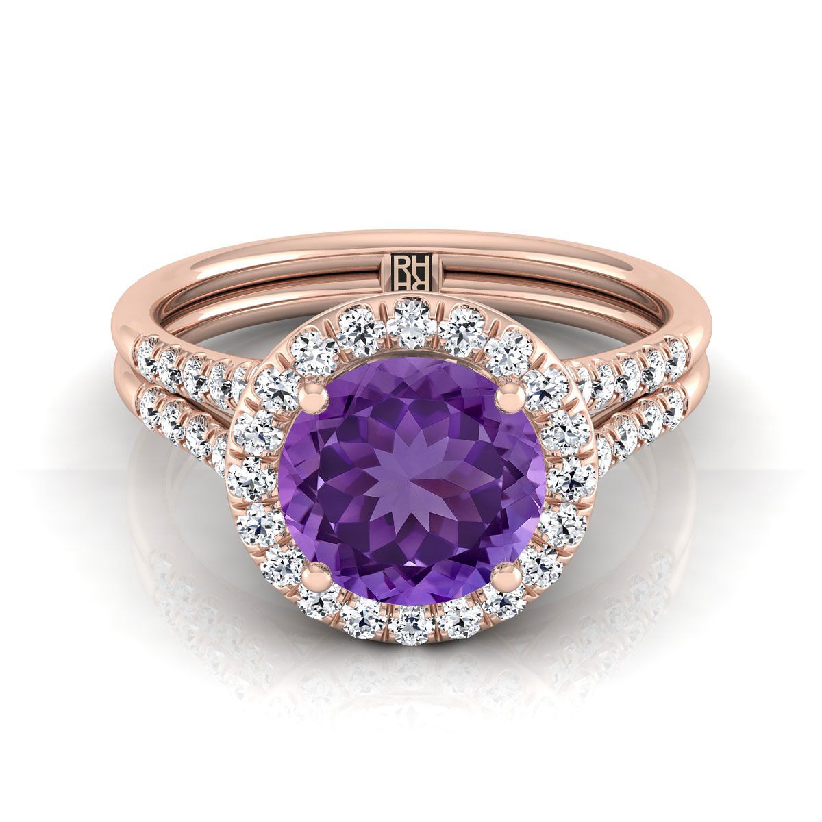 แหวนหมั้นทองคำชมพู 14K ทรงกลมเจียระไนแบบบริลเลียนต์ ฝรั่งเศสประดับเพชรแบบปาเว่ แยกช้างแหวนแบบฮาโล - 3/8ctw