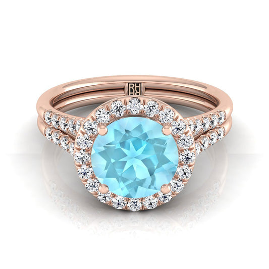 แหวนหมั้นทองคำชมพู 14K ทรงกลมเจียระไนแบบบริลเลียนต์ ฝรั่งเศสประดับเพชรแบบปาเว่ แยกช้างแหวนแบบฮาโล - 3/8ctw