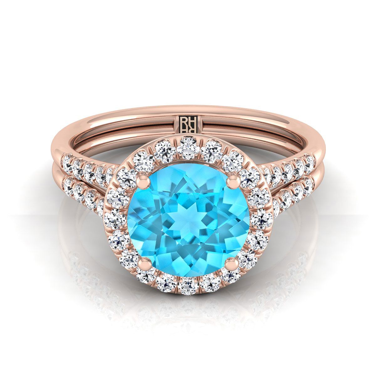 แหวนหมั้นทองคำชมพู 14K ทรงกลมเจียระไนแบบบริลเลียนต์ ฝรั่งเศสประดับเพชรแบบปาเว่ แยกช้างแหวนแบบฮาโล - 3/8ctw