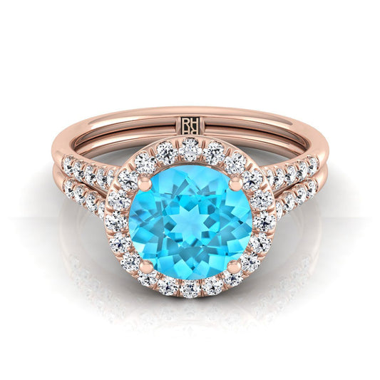 14K Rose Gold Round Brilliant French Pave Split Shank Halo Engagement Ring -3/8ctw