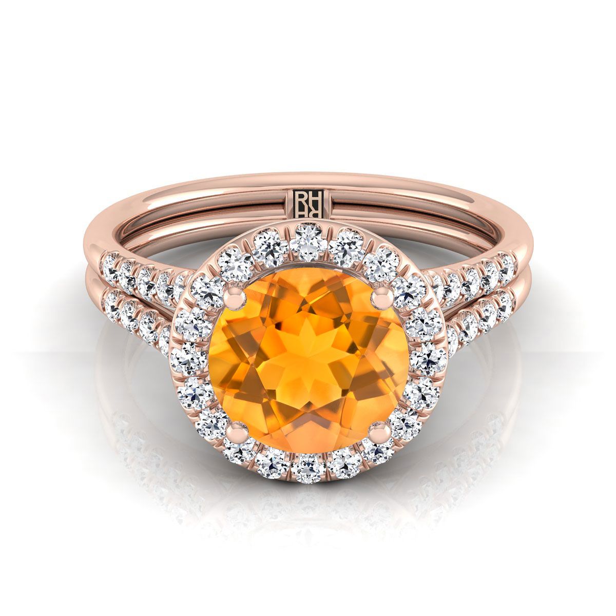 แหวนหมั้นทองคำชมพู 14K ทรงกลมเจียระไนแบบบริลเลียนต์ ฝรั่งเศสประดับเพชรแบบปาเว่ แยกช้างแหวนแบบฮาโล - 3/8ctw