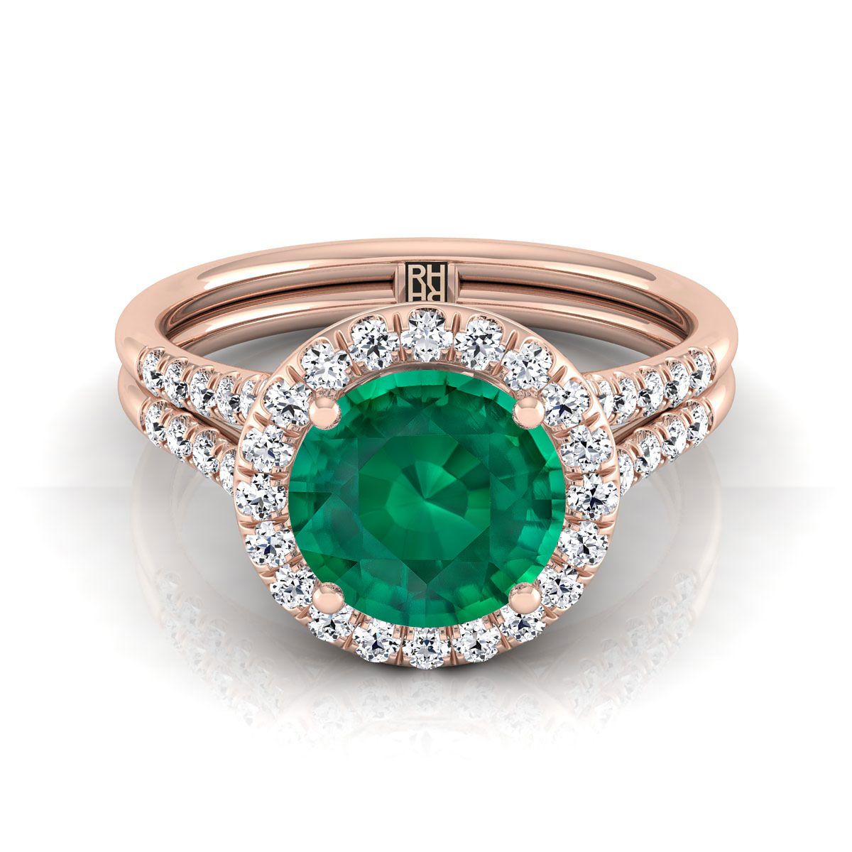 แหวนหมั้นทองคำชมพู 14K ทรงกลมเจียระไนแบบบริลเลียนต์ ฝรั่งเศสประดับเพชรแบบปาเว่ แยกช้างแหวนแบบฮาโล - 3/8ctw