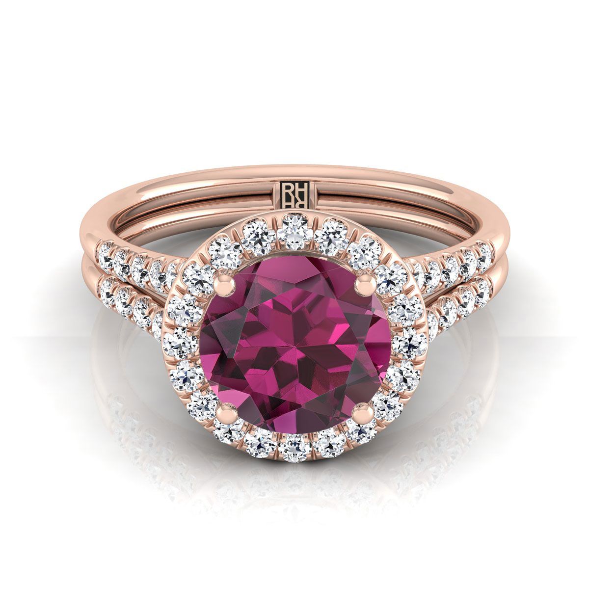 แหวนหมั้นทองคำชมพู 14K ทรงกลมเจียระไนแบบบริลเลียนต์ ฝรั่งเศสประดับเพชรแบบปาเว่ แยกช้างแหวนแบบฮาโล - 3/8ctw