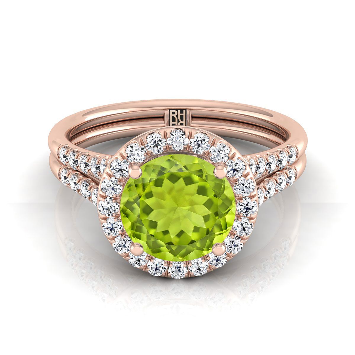 แหวนหมั้นทองคำชมพู 14K ทรงกลมเจียระไนแบบบริลเลียนต์ ฝรั่งเศสประดับเพชรแบบปาเว่ แยกช้างแหวนแบบฮาโล - 3/8ctw