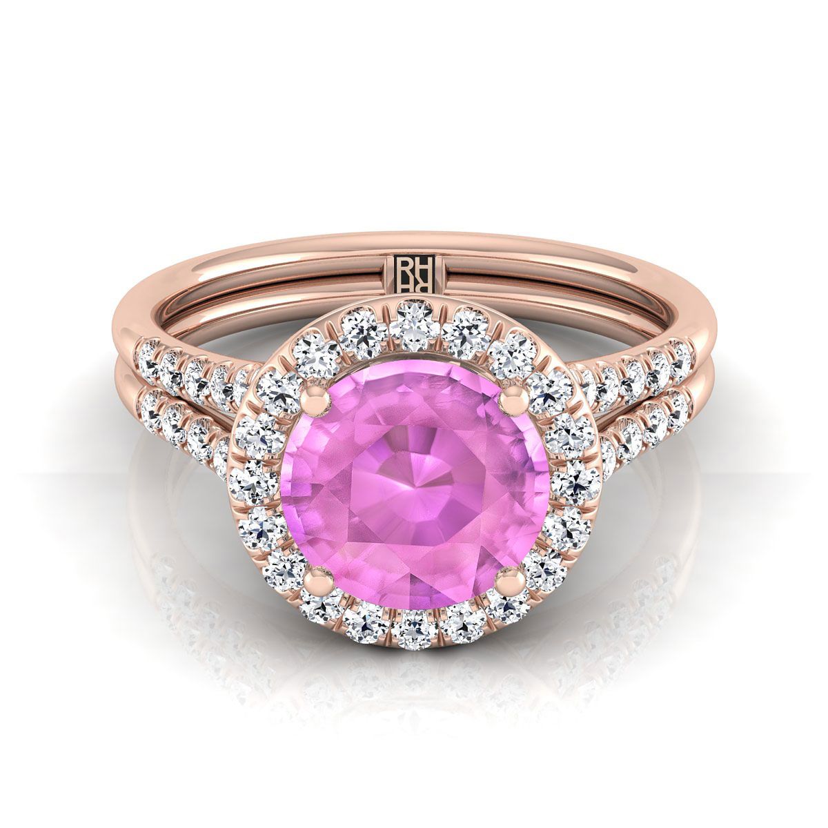 แหวนหมั้นทองคำชมพู 14K ทรงกลมเจียระไนแบบบริลเลียนต์ ฝรั่งเศสประดับเพชรแบบปาเว่ แยกช้างแหวนแบบฮาโล - 3/8ctw