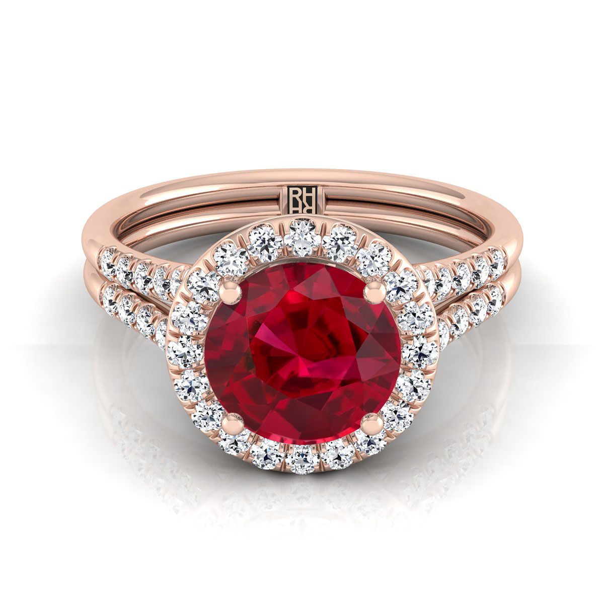 14K Rose Gold Round Brilliant French Pave Split Shank Halo Engagement Ring -3/8ctw