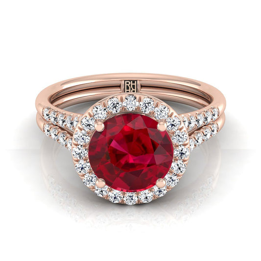 14K Rose Gold Round Brilliant French Pave Split Shank Halo Engagement Ring -3/8ctw