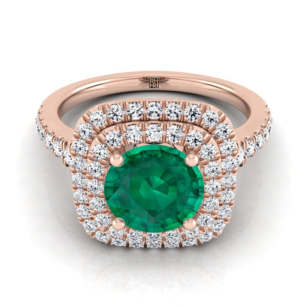 14K Rose Gold Round Brilliant Emerald Double Halo with Scalloped Pavé Diamond Engagement Ring -1/2ctw