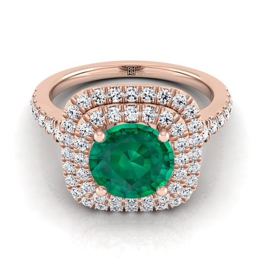 14K Rose Gold Round Brilliant Emerald Double Halo with Scalloped Pavé Diamond Engagement Ring -1/2ctw