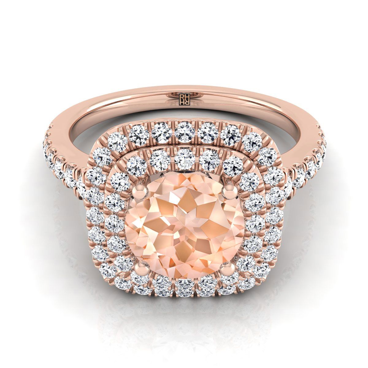 แหวนหมั้นโมแกไนต์ทรงกลมเจียระไนแบบ Brilliant สีโรสโกลด์ 14K พร้อมฮาโลคู่และเพชรปาเว่ขอบหยัก - 1/2ctw