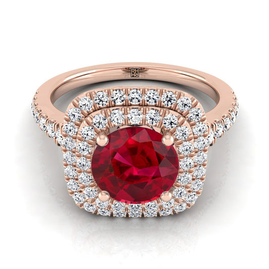 14K Rose Gold Round Brilliant Ruby Double Halo with Scalloped Pavé Diamond Engagement Ring -1/2ctw