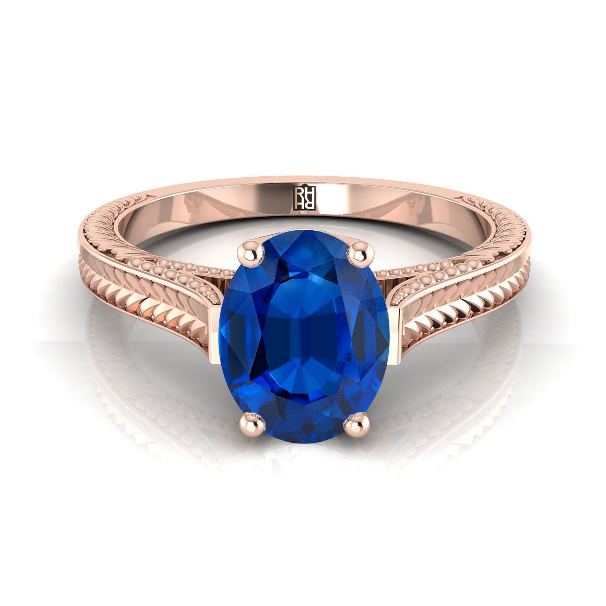 14K Rose Gold Oval Sapphire Hand Engraved Vintage Cathedral Style Solitaire Engagement Ring
