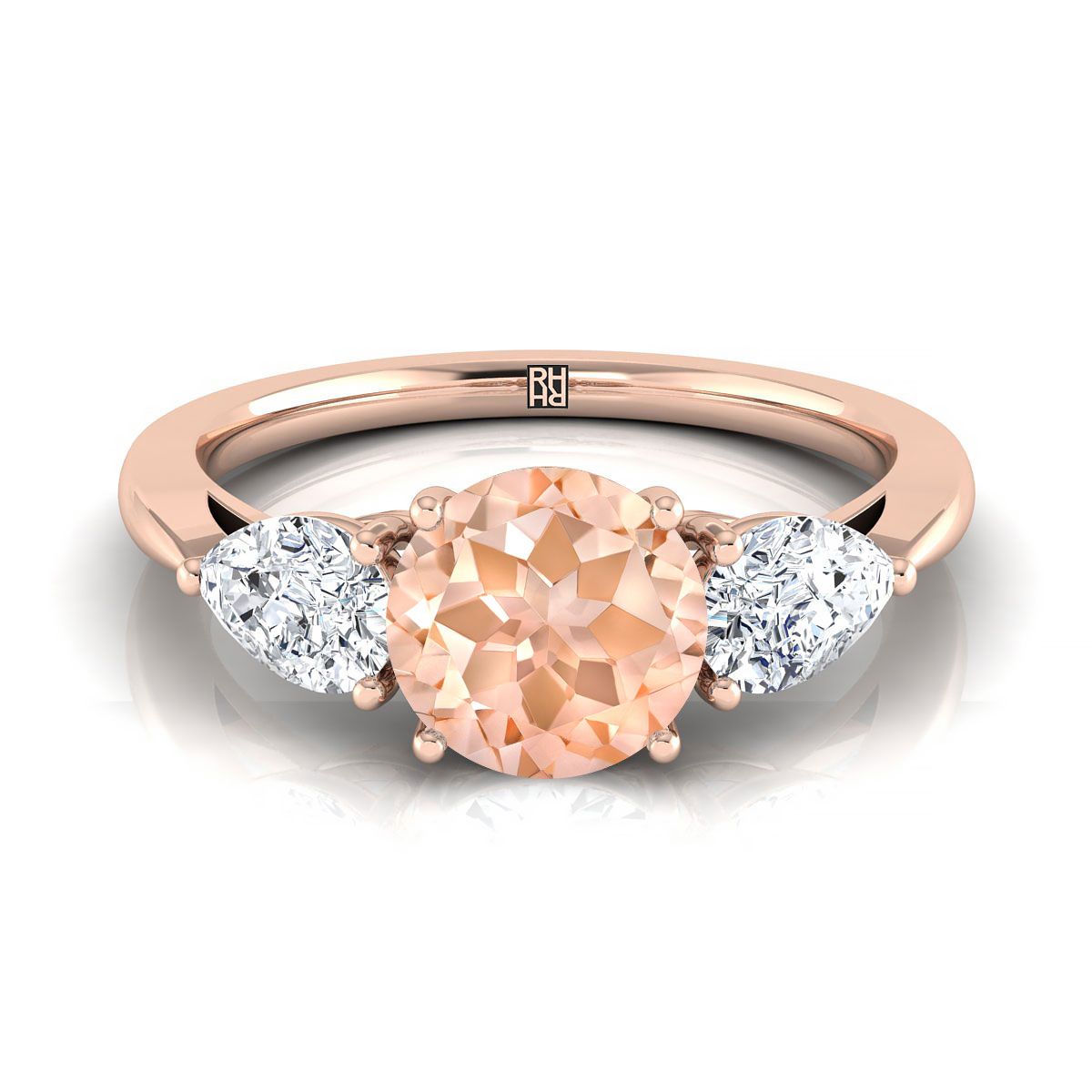 14K Rose Gold Round Brilliant Morganite Perfectly Matched Pear Shaped Three Diamond Engagement Ring -7/8ctw