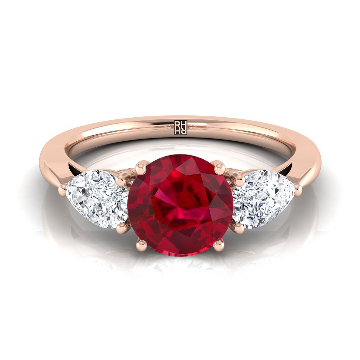 14K Rose Gold Round Brilliant Ruby Perfectly Matched Pear Shaped Three Diamond Engagement Ring -7/8ctw