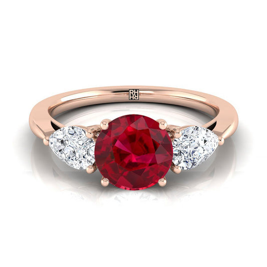 14K Rose Gold Round Brilliant Ruby Perfectly Matched Pear Shaped Three Diamond Engagement Ring -7/8ctw